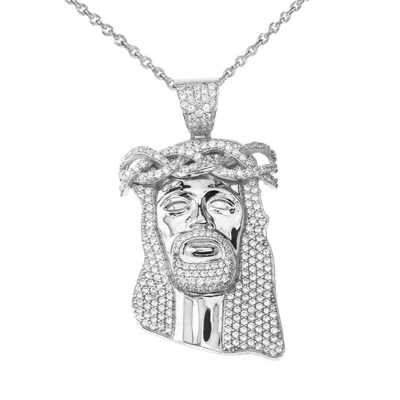Diamond Jesus Pendant Necklace (1.8") in White Gold