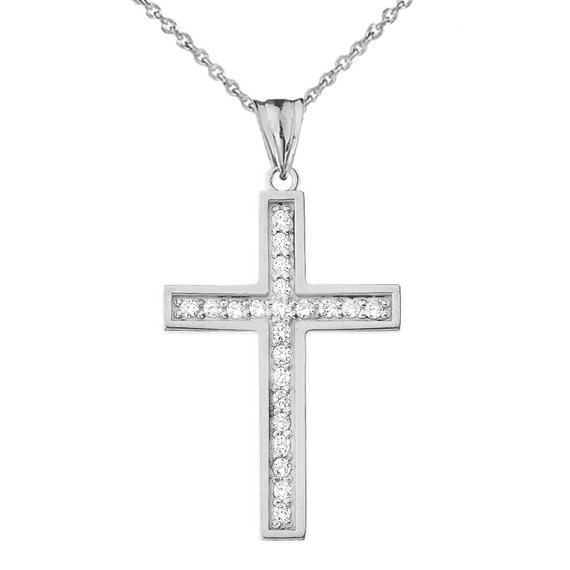 Mod-Chic CZ Cross Pendant Necklace in White Gold