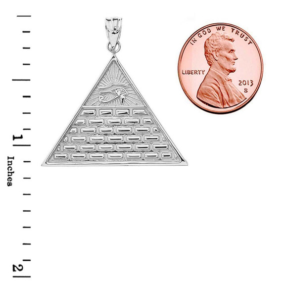 White Gold Egyptian Eye of Ra/Providence Wedjat Pyramid Pendant with measurements