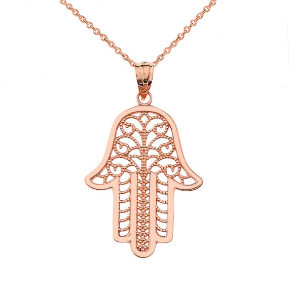 Filigree Hamsa Pendant Necklace in Rose Gold