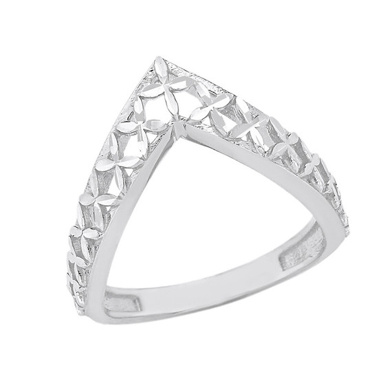 Solid White Gold Flower of Life V Shape Sparkle Cut Ring