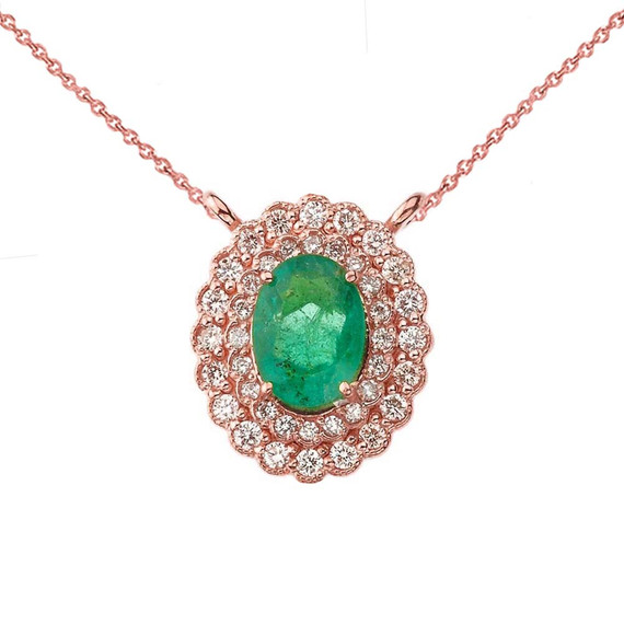 Genuine Emerald & Diamond Necklace in 14K Rose Gold