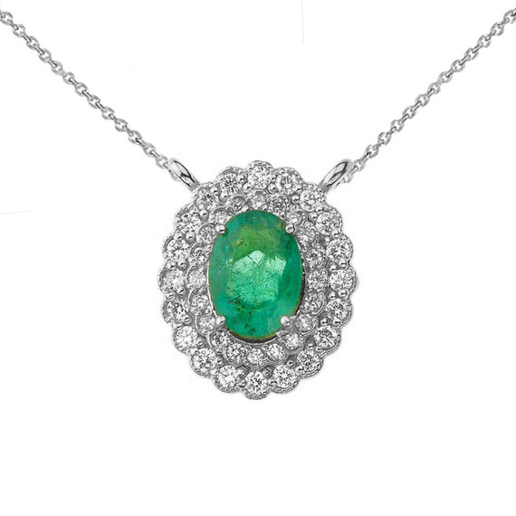 Genuine Emerald & Diamond Necklace in 14K White Gold