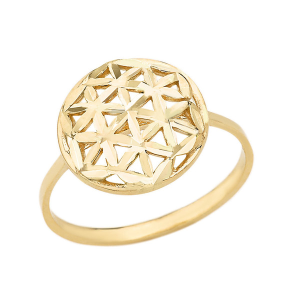 Solid Gold Sparkle Cut Flower of Life Disc Ring