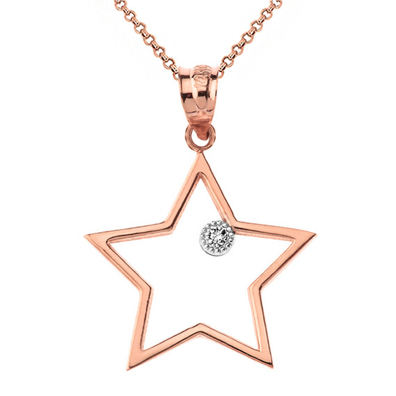 Solid Rose Gold Star Outline Solitaire Pendant Necklace