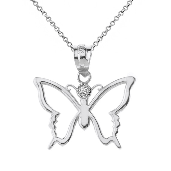Solid Gold Butterfly Outline Solitaire Pendant Necklace (Available in Yellow/Rose/White Gold)