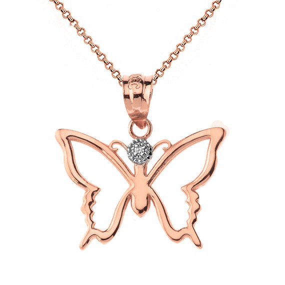 Solid Gold Butterfly Outline Solitaire Pendant Necklace (Available in Yellow/Rose/White Gold)