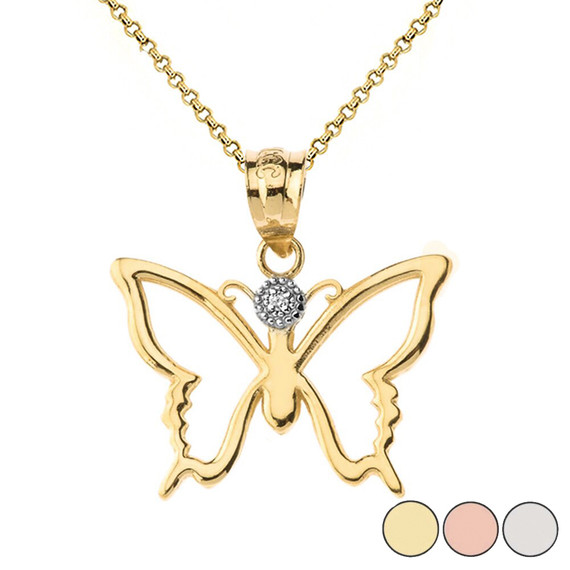 Solid Gold Butterfly Outline Solitaire Pendant Necklace (Available in Yellow/Rose/White Gold)