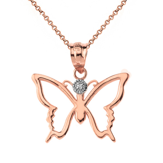 Solid Rose Gold Butterfly Outline Solitaire Pendant Necklace