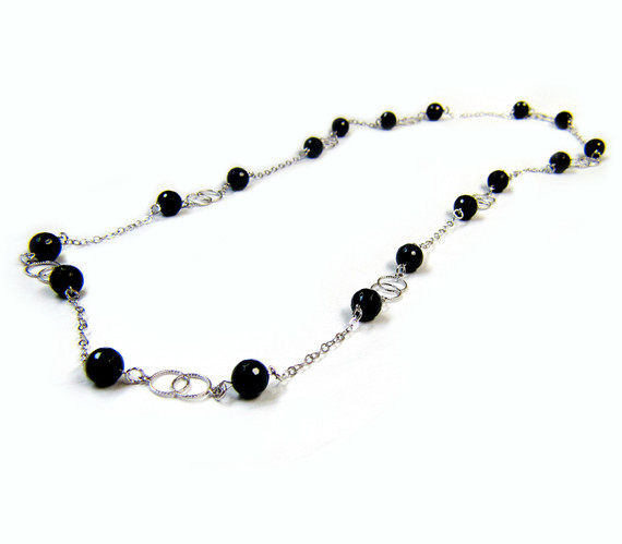 Gemstone Necklaces - Twilight Onyx Long Necklace in Sterling Silver 44 Inch