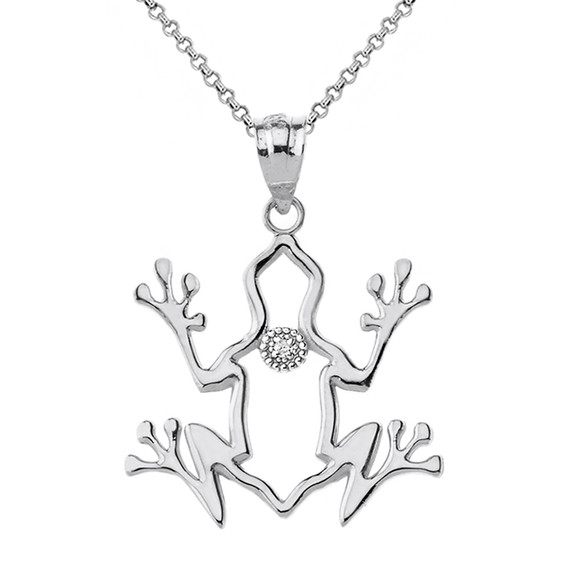 Solid White Gold Frog Outline Solitaire Pendant Necklace