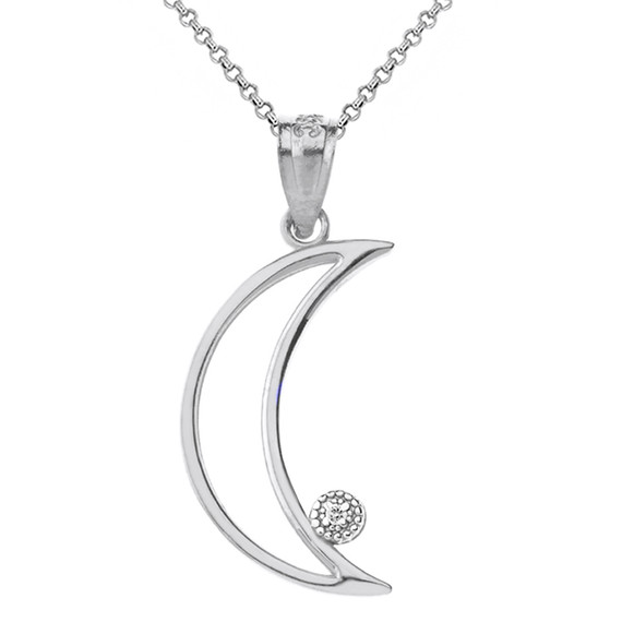 Solid White Gold Crescent Moon Outline Solitaire Pendant Necklace