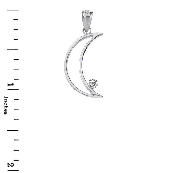 Solid White Gold Crescent Moon Outline Solitaire Pendant Necklace