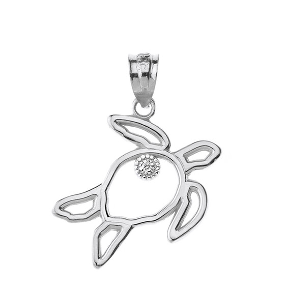 Sea Turtle Outline Solitaire Pendant Necklace in Gold (Yellow/Rose/White)