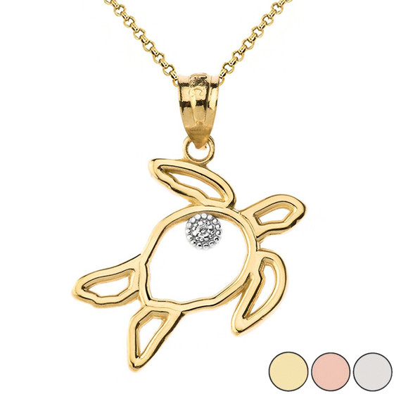 Sea Turtle Outline Solitaire Pendant Necklace in Gold (Yellow/Rose/White)