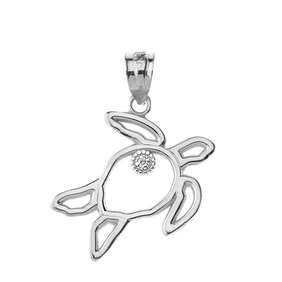 Solid White Gold Sea Turtle Outline Solitaire Pendant Necklace