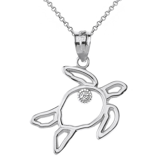 Solid White Gold Sea Turtle Outline Solitaire Pendant Necklace