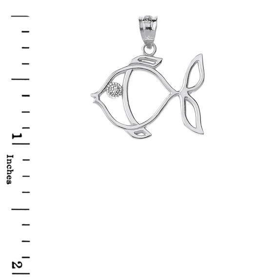 Sterling Silver Tropical Reef Fish Outline CZ Pendant Necklace