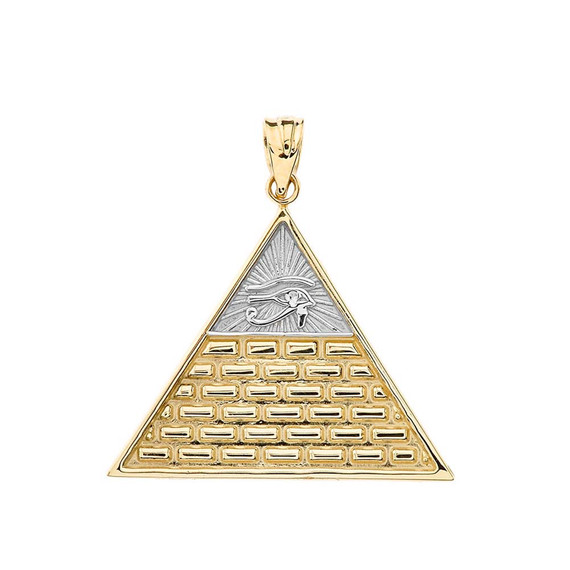 Two-Tone Yellow Gold Egyptian Eye of Ra/Providence Wedjat Pyramid Pendant