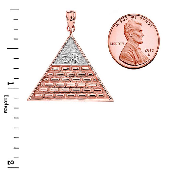 Two-Tone Rose Gold Egyptian Eye of Ra/Providence Wedjat Pyramid Pendant with measurements
