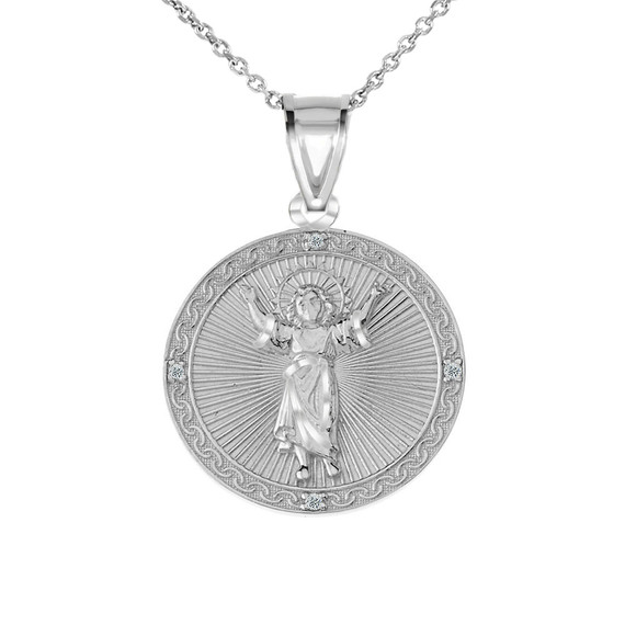 Diamond Divino Niño Jesus Round Medallion Pendant Necklace in White Gold