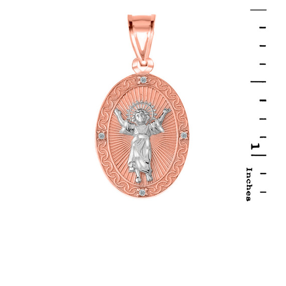 Diamond Divino Ni?¤o Jesus Oval Medallion Pendant Necklace in Two Tone Rose Gold