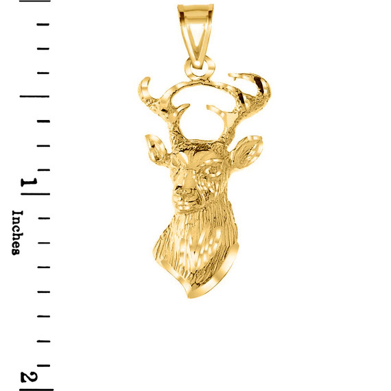 Textured Buck Deer Head Pendant Necklace in Gold (Yellow/Rose/White)