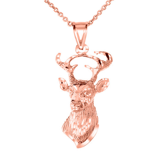 Textured Buck Deer Head Pendant Necklace in Gold (Yellow/Rose/White)
