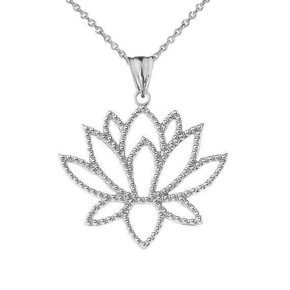 Double Sided Lotus Flower Pendant Necklace in White Gold