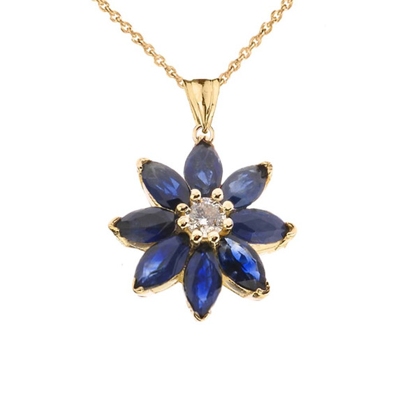 Genuine Sapphire and Diamond Daisy Pendant Necklace In Yellow Gold