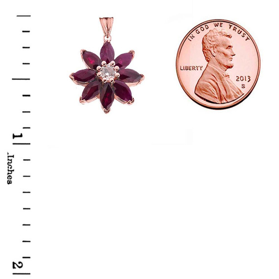 Genuine Ruby and Diamond Daisy Pendant Necklace In Rose Gold