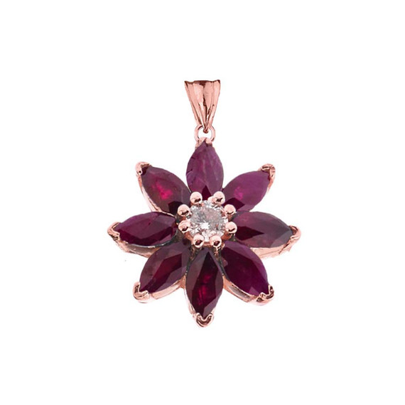 Genuine Ruby and Diamond Daisy Pendant Necklace In Rose Gold