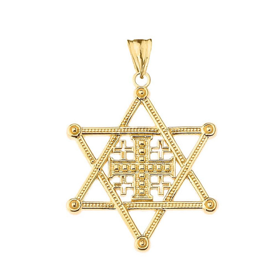 Gold Jewish Star of David Jerusalem Cross Messianic Pendant