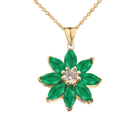 Emerald and Diamond Daisy Pendant Necklace In Yellow Gold