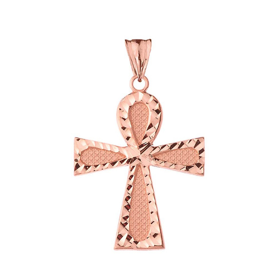 Sparkle Cut Ankh Cross Pendant Necklace in Rose Gold