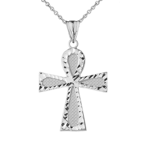 .925 Sterling Silver Diamond Cut Egyptian Ankh Cross Textured Pendant Necklace