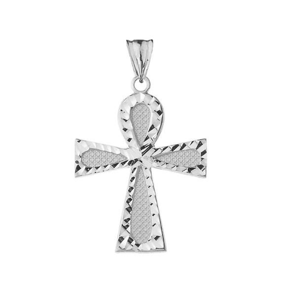 .925 Sterling Silver Diamond Cut Egyptian Ankh Cross Textured Pendant