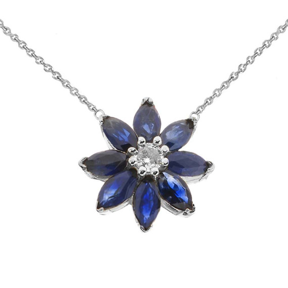 Genuine Sapphire and Diamond Daisy  Necklace In 14K  White Gold
