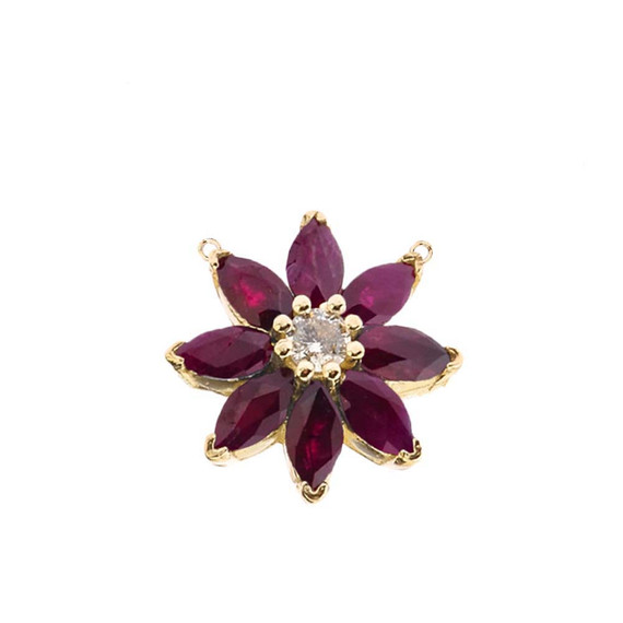 Genuine Ruby and Diamond Daisy  Necklace In 14K Yellow Gold