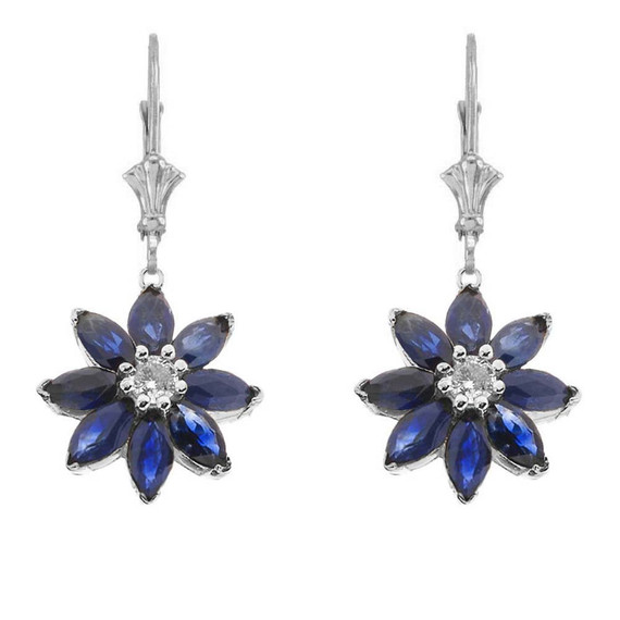 Genuine Sapphire and Diamond Daisy Leverback Earrings In 14K(Available in Yellow/Rose/White Gold)