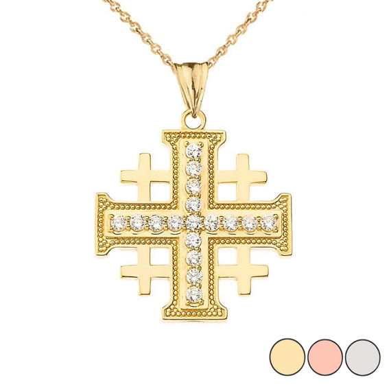 Diamond Jerusalem Cross Pendant Necklace in Gold Yellow/Rose/White