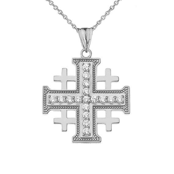 CZ Jerusalem Cross Pendant Necklace in White Gold