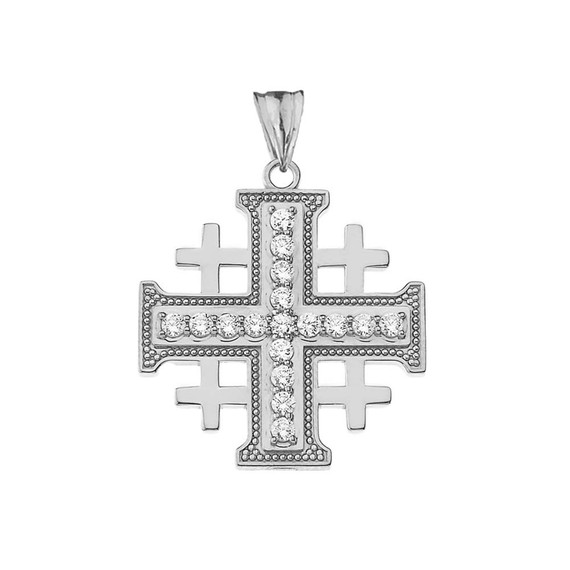 CZ Jerusalem Cross Pendant Necklace in White Gold