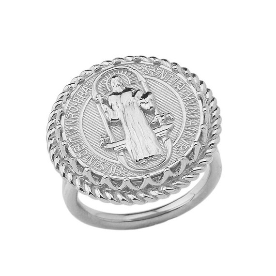 Saint Benedict statement Ring in White Gold