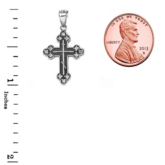 Sterling Silver Oxidized Cubic Zirconia Eastern Orthodox Cross Pendant Necklace measurement