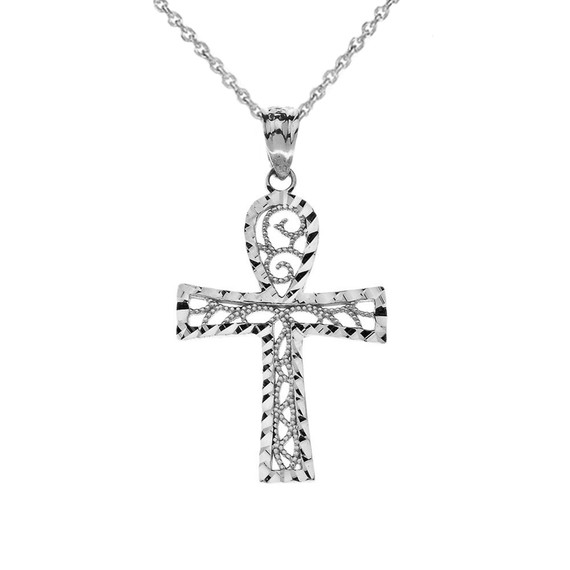Sparkle Cut  Filigree Ankh Cross Pendant Necklace in Sterling Silver
