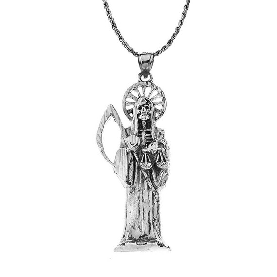 Oxidized Sterling Silver Santa Muerte Grim Reaper Pendant Necklace