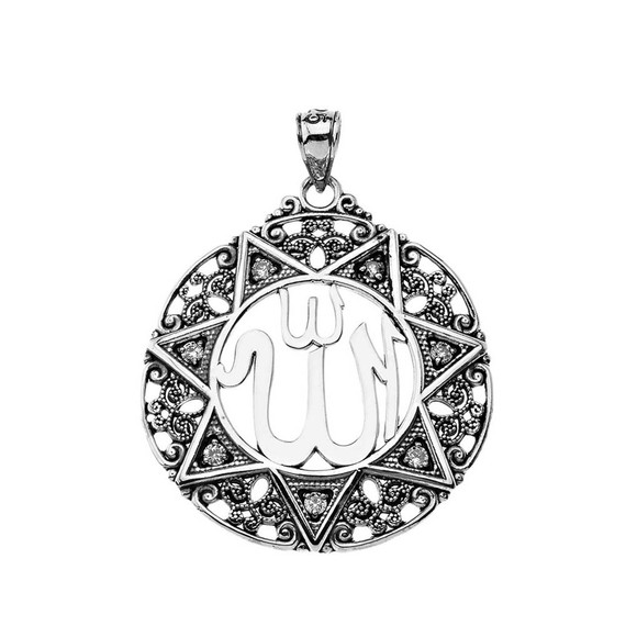 CZ Filigree Round Allah Pendant Necklace ( 1.5" )in Oxidized Sterling Silver