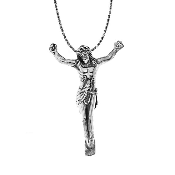 Oxidized Jesus Christ Body Crucifix Pendant Necklace in Sterling Silver