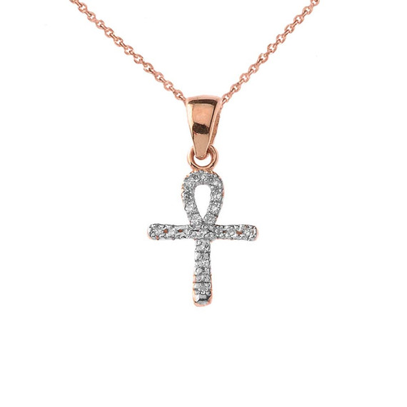 Mini Diamond Ankh Cross Pendant Necklace Set in 10K Rose Gold